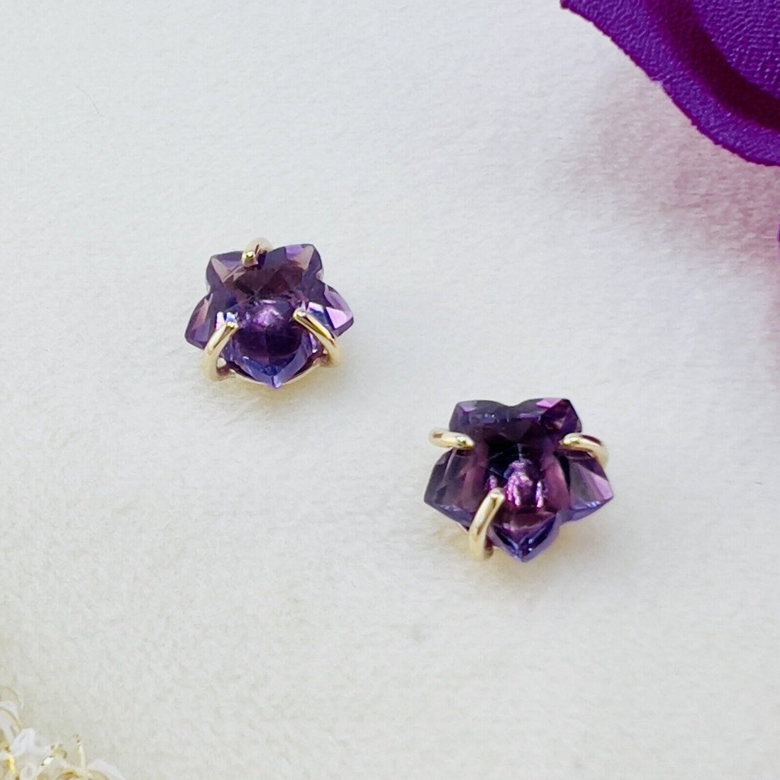 Solid 14k Yellow Gold Genuine Amethyst Star Stud Earrings, New