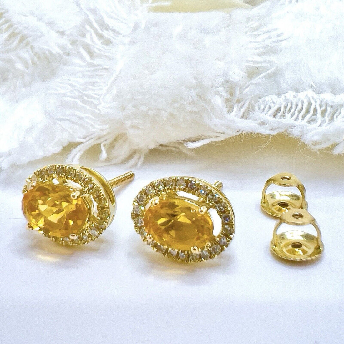 10k Yellow Gold Genuine Citrine & Diamond Halo Stud Earrings, New