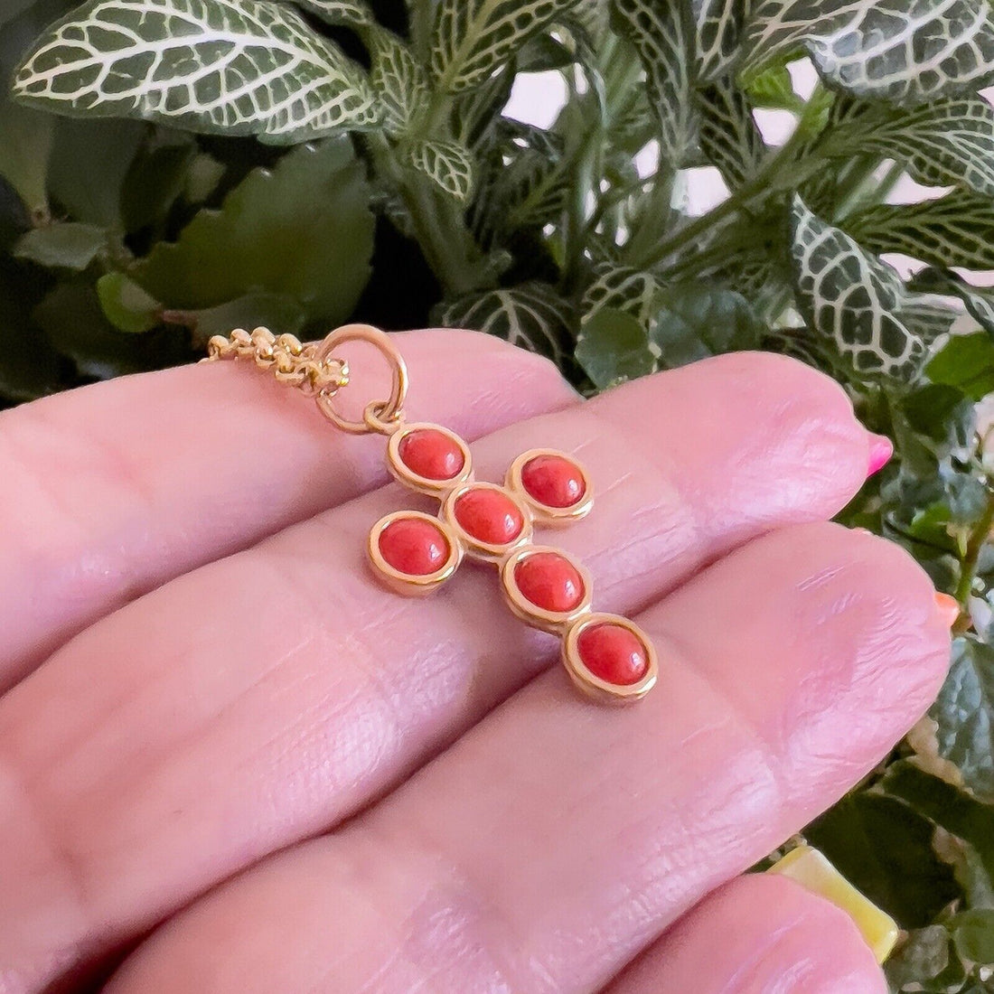 14k Yellow Gold Natural Red Coral Cross Pendant, New 1.18"