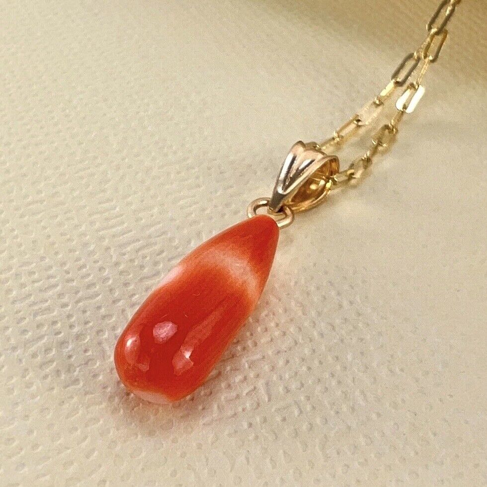 Solid 14k Yellow Gold Japanese Coral Drop Pendant, New