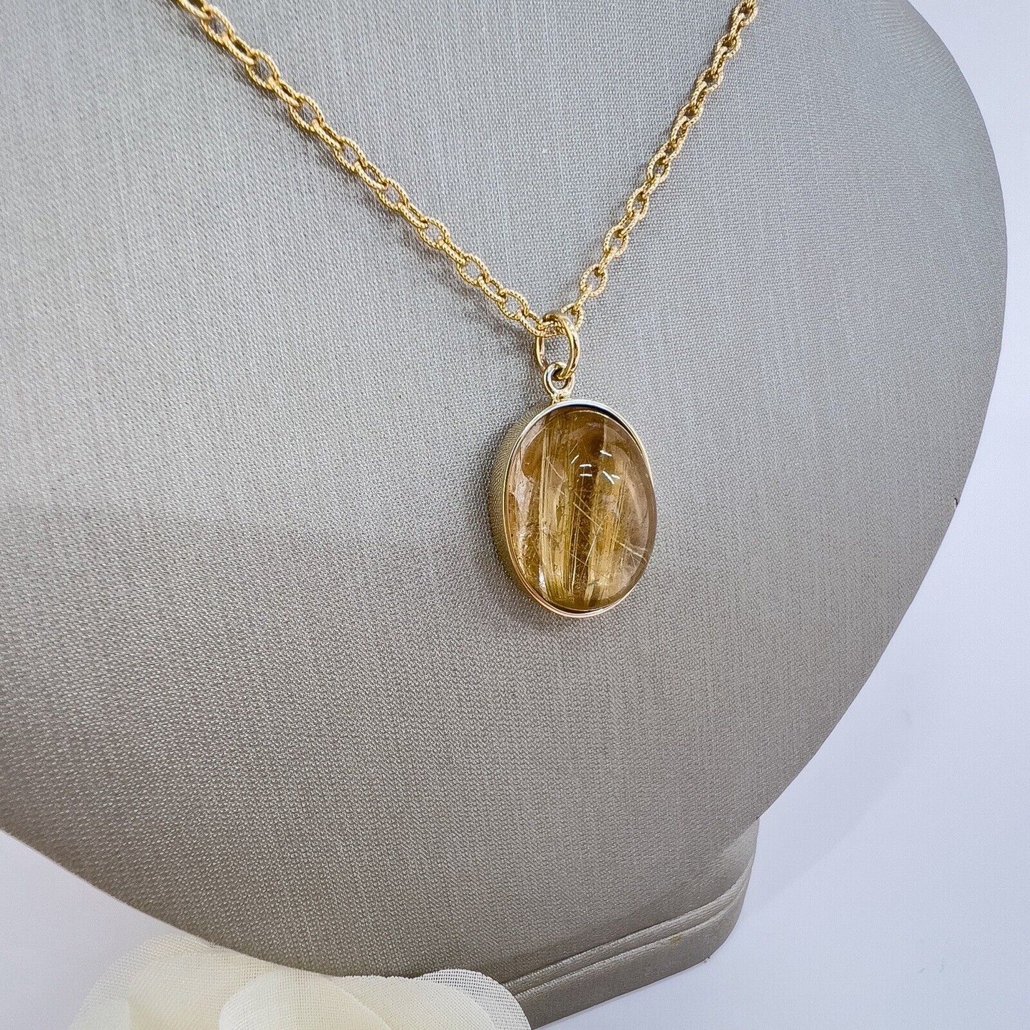 Solid 14k Yellow Gold Genuine Rutilated Quartz (18.6ct) Pendant, New