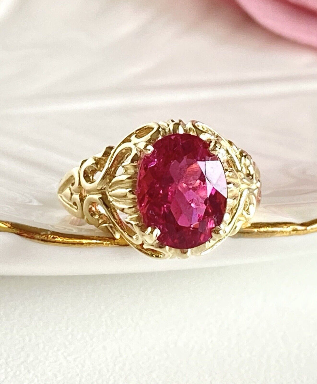 Genuine Pink Tourmaline & Solid 14k Yellow Gold Ring, New, Sz. 5.25