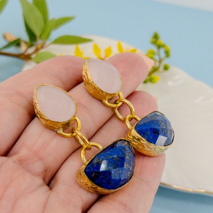 Etruscan Revival Genuine Rose Chalcedony & Lapis Lazuli GP Dangle/Drop Earrings