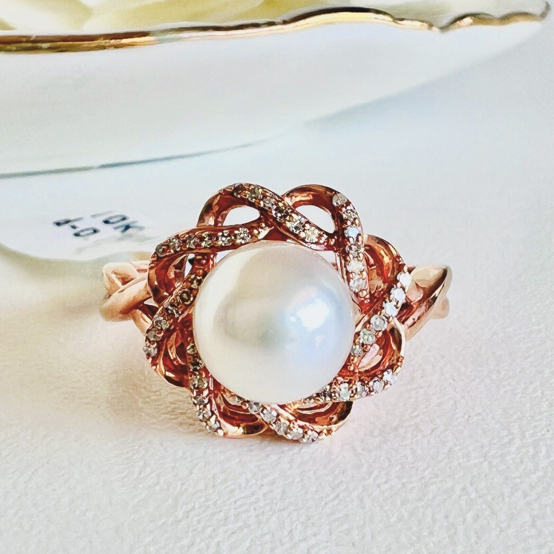 Solid 10k Rose Gold Genuine Pearl & Diamond Rosette Ring, New, Size 7