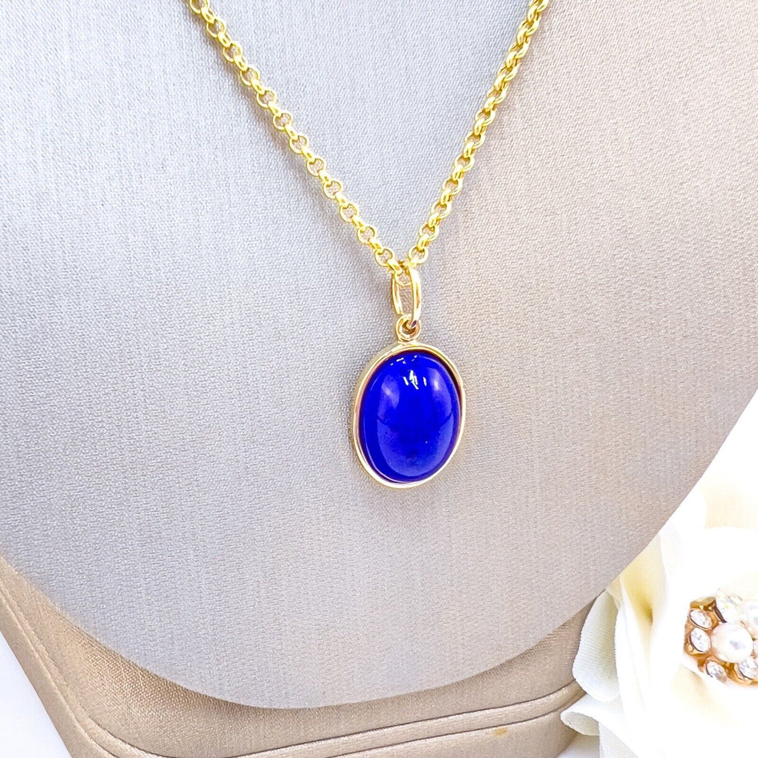 Natural Lapis Lazuli 14k Yellow Gold Oval Pendant, Unisex, Handcrafted