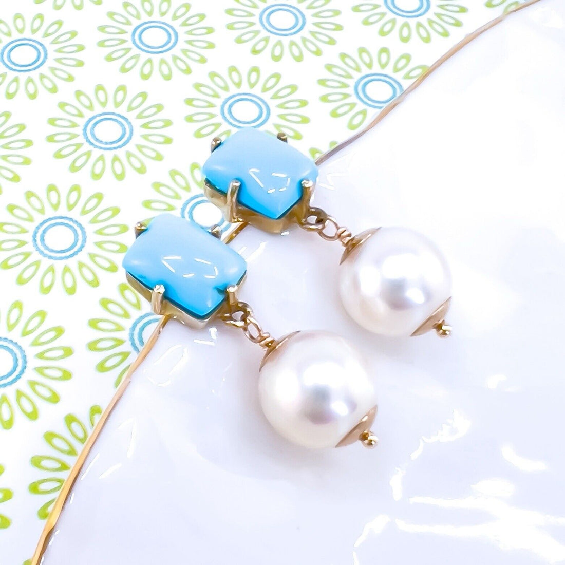 14k Yellow Gold Sleeping Beauty Turquoise & Akoya Pearl Dangle Earrings, New