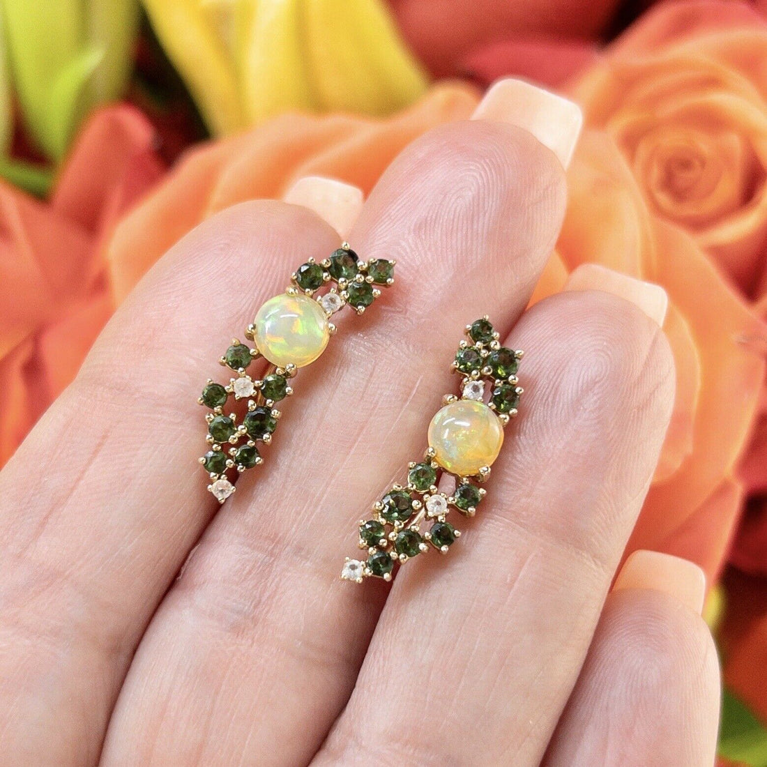 10k Yellow Gold Ethiopian Opal & Chrome Diopside Earrings, New