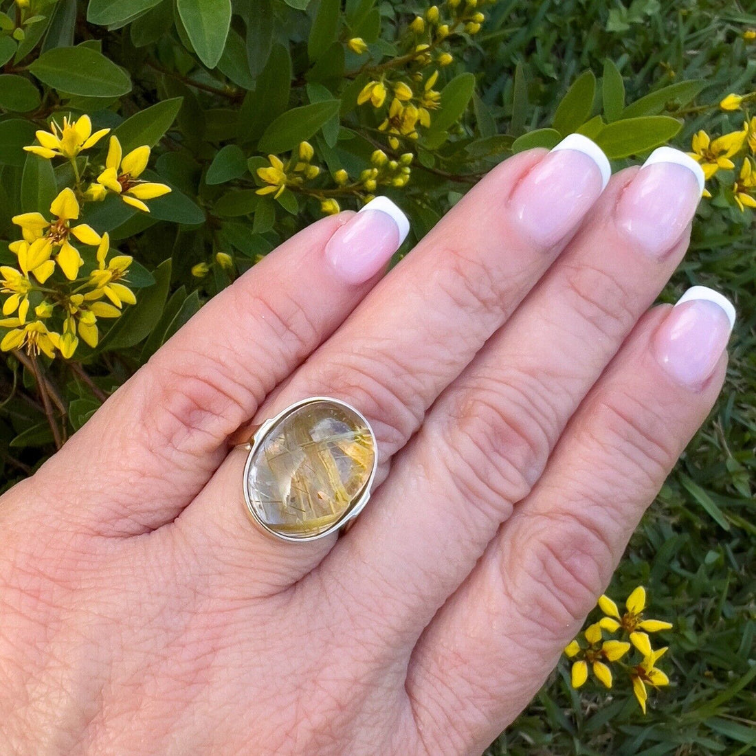 Solid 14k Yellow Gold Genuine Rutilated Quartz Ring, Size 7