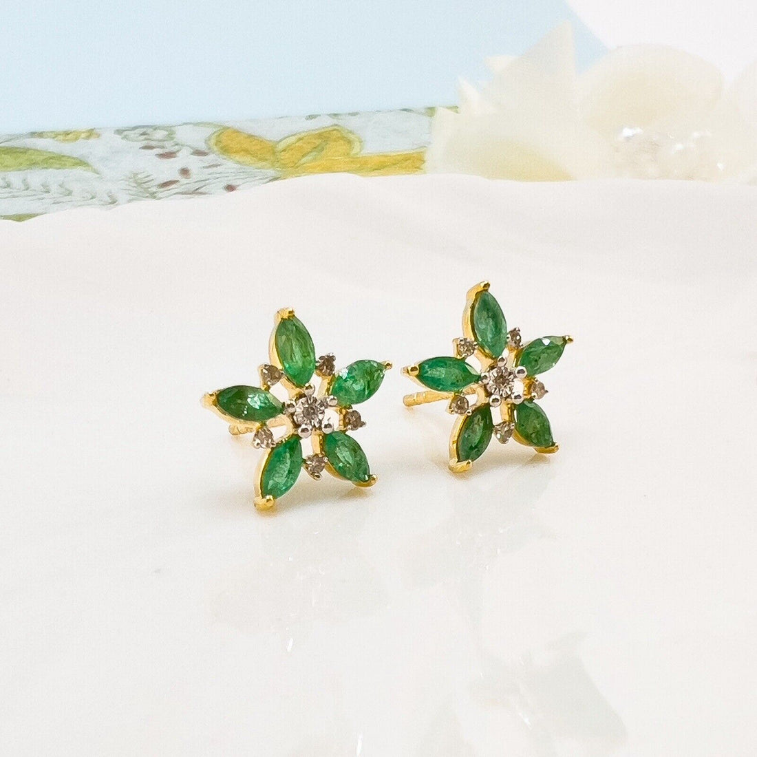 10k Yellow Gold Genuine Emerald & Diamond Star Stud Earrings, New