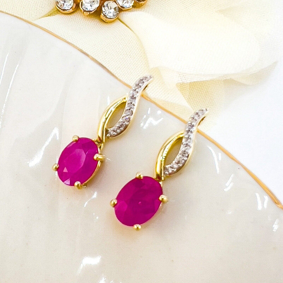 Solid 10k Yellow Gold Genuine Ruby & Diamond Dangle/Drop Earrings, New