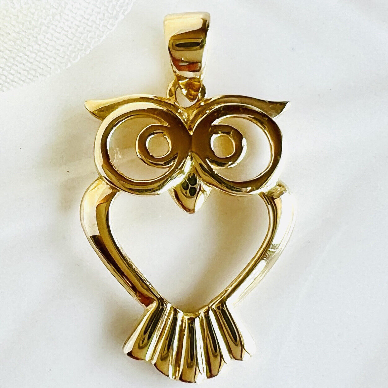 Adorable Solid 14k Yellow Gold Owl Pendant/Charm, New, 0.94"