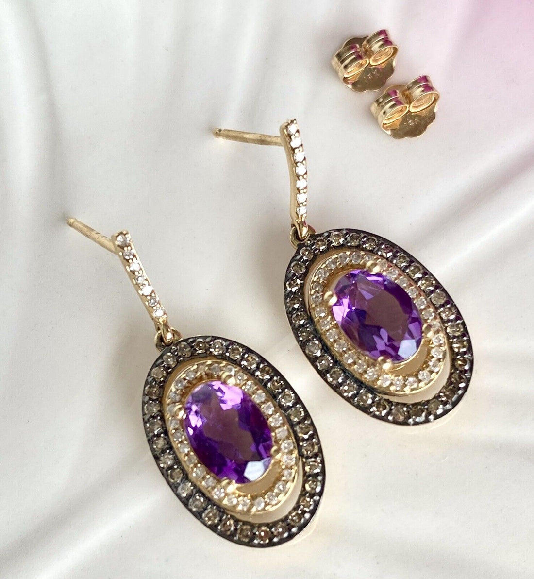 Solid 14k Yellow Gold Genuine Amethyst & Diamond Halo Dangle/Drop Earrings, New