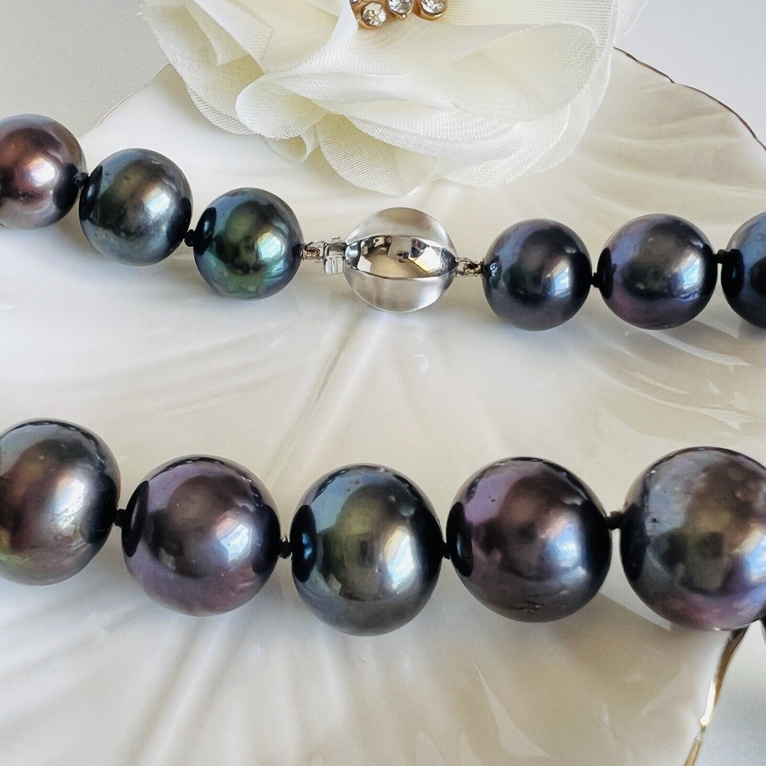 Solid 14k White Gold 12-13.5mm Genuine Black Pearl Necklace, New 17.5"