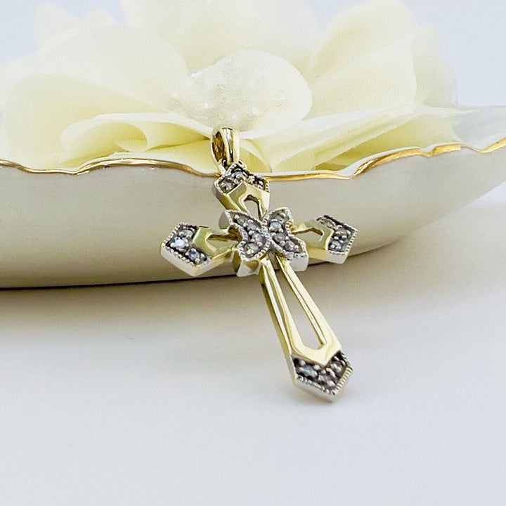 Solid 10K Yellow Gold Genuine Diamond Cross Pendant, New 1.3”