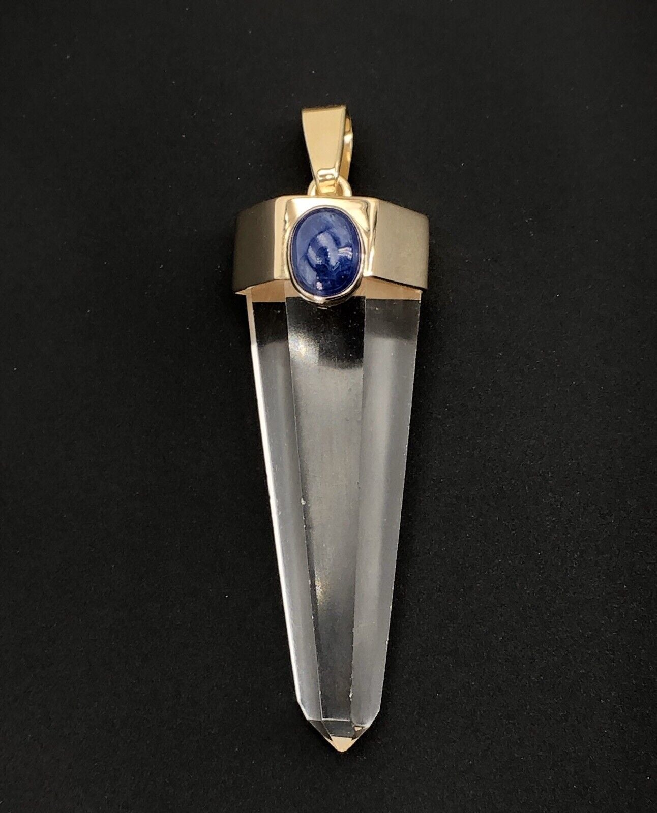 Unique 14k Gold Natural Quartz Point & Sapphire Pendant, 2.4", New