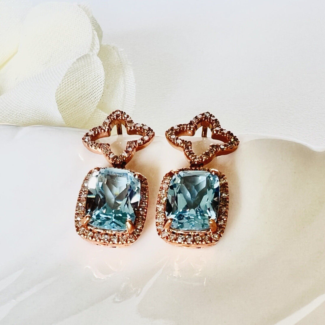 Solid 10k Rose Gold, Sky Blue Topaz & Diamond Clover Dangle/Drop Earrings, New