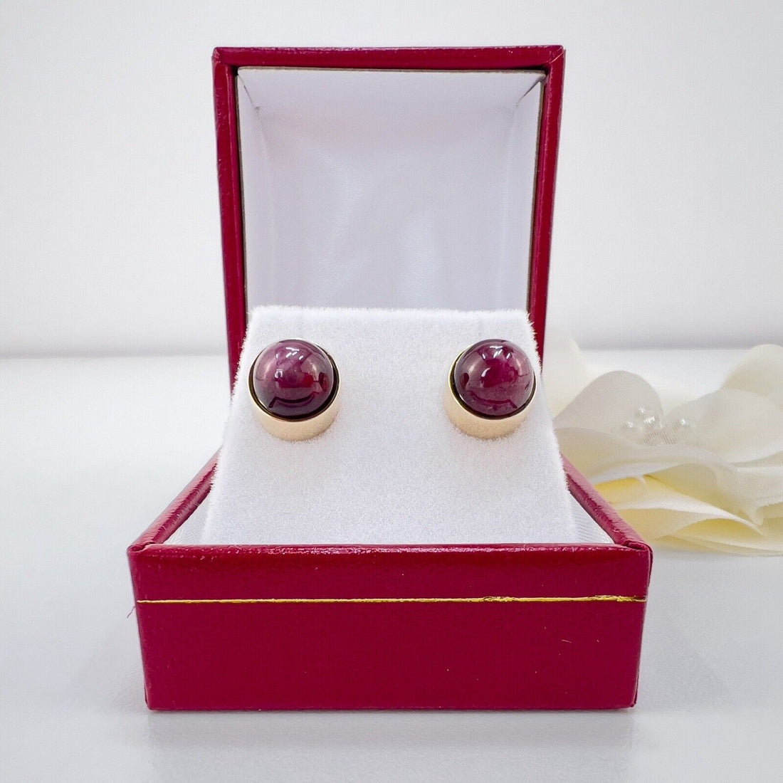 Genuine Star Ruby Solid 14k Yellow Gold Stud Earrings, Newly Handcrafted