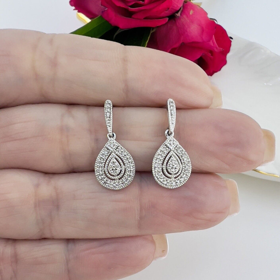 Solid 10k White Gold Genuine Diamond Dangle Drop Earrings, New