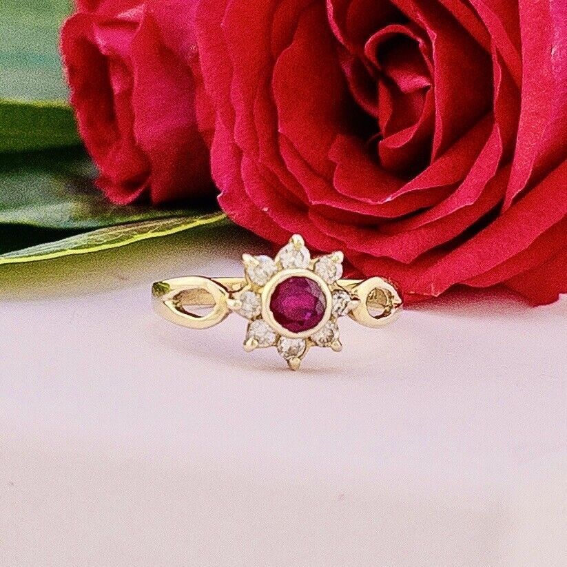 Solid 14k Yellow Gold Genuine Ruby & Diamond Rosette Ring, New Size 8