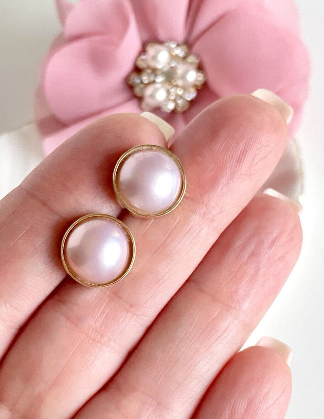 Genuine Pink Mabe Pearl (11.25mm) Solid 14K Yellow Gold Stud Earrings, New