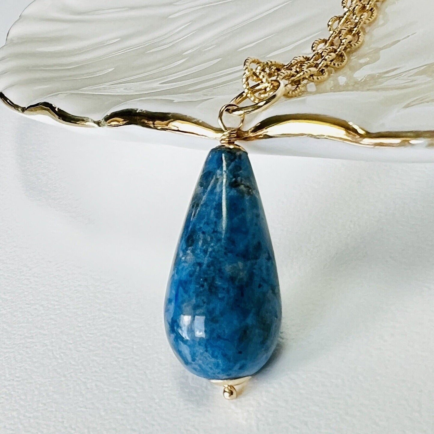 Solid 14k Yellow Gold Natural Lapis Lazuli Drop Pendant, 1.24", New A