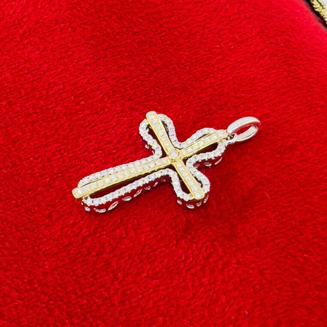 Solid 14k Two-Tone Gold & Genuine Diamond Cross Pendant, New 1.2”