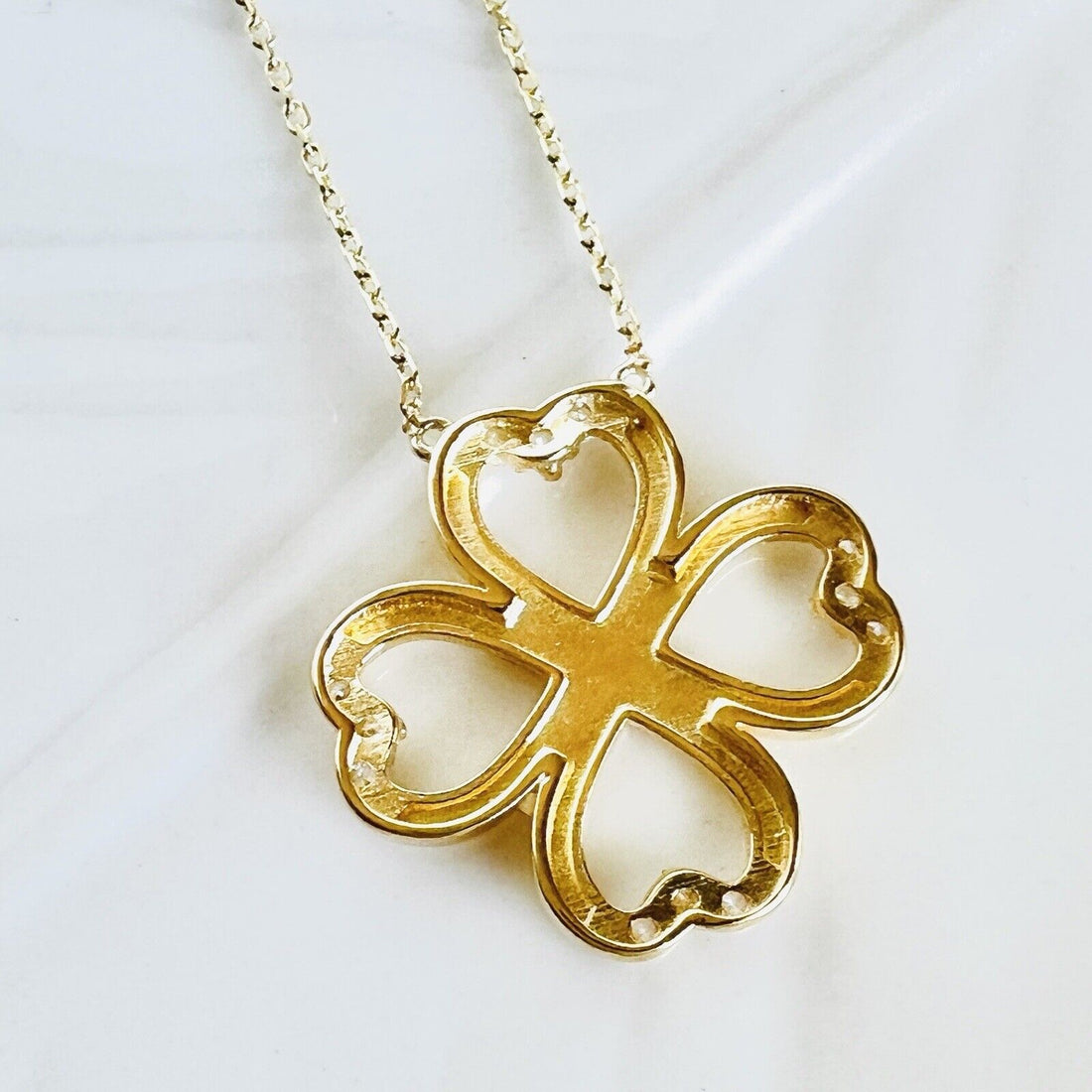 Solid 14k Yellow Gold Lucky Clover Cubic Zirconia  Pendant/Necklace New 18"