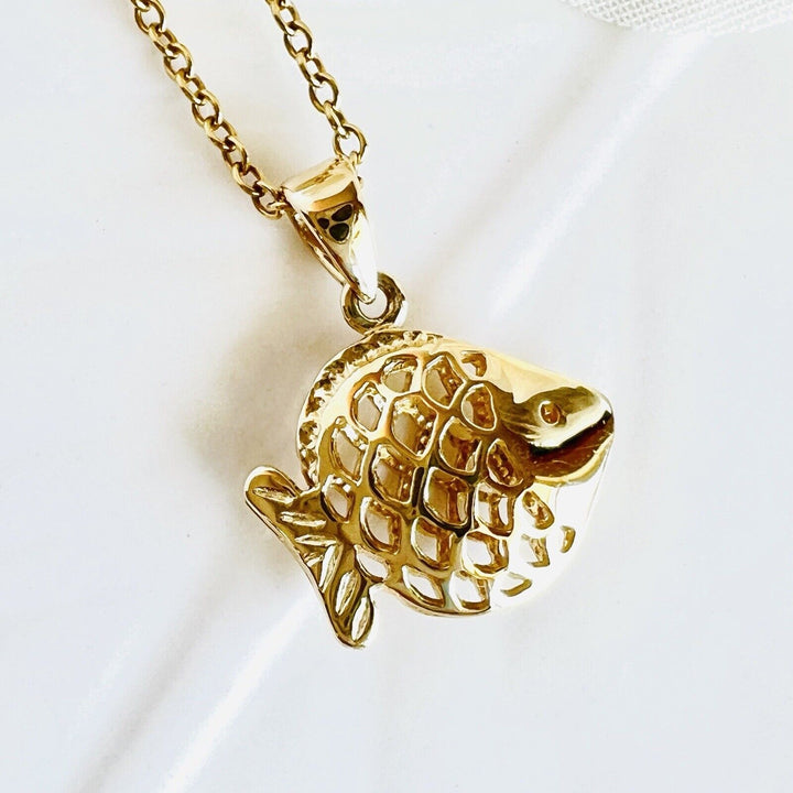 Adorable Solid 14k Yellow Gold Puffy 3-D Fish Pendant/Charm, New, 0.70"