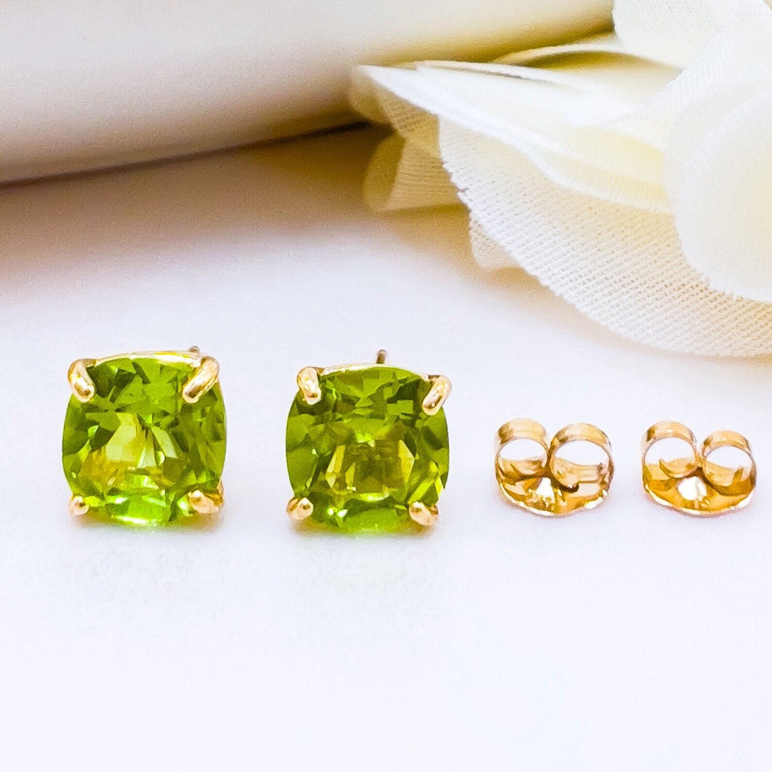 Solid 10k Yellow Gold Genuine Peridot 6mm Stud Earrings, New