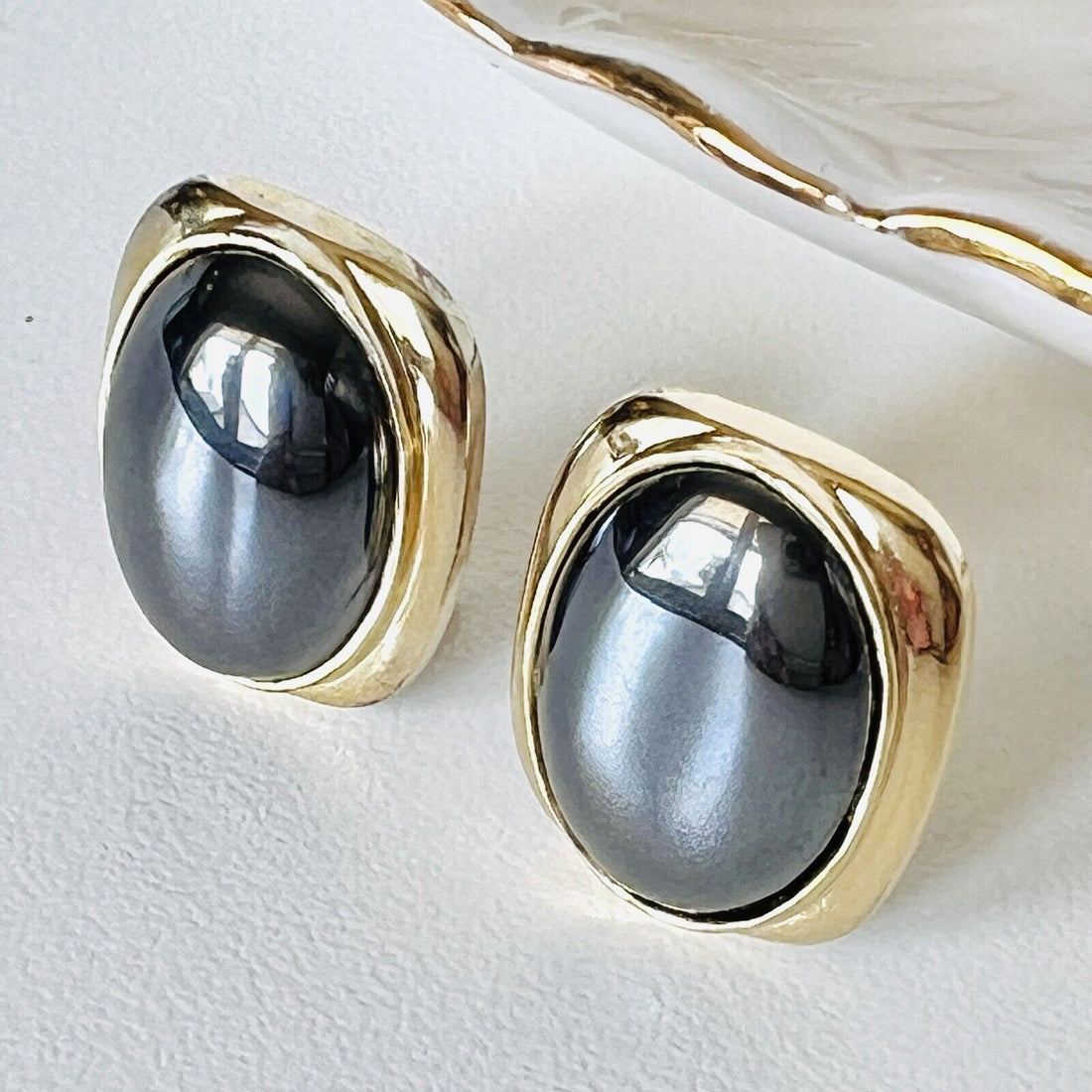 Sterling Vermeil Oval Hematite Omega-Back Earrings, New