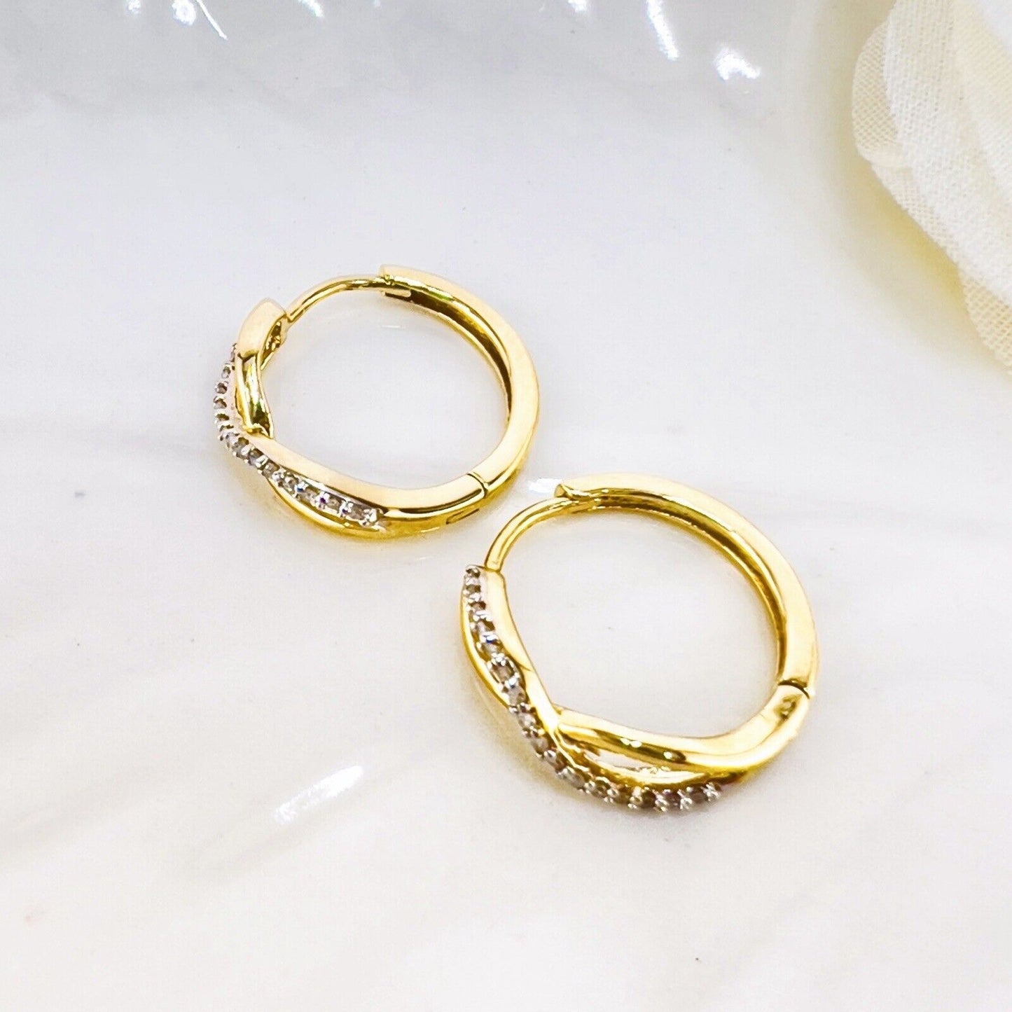 Solid 10k Yellow Gold Genuine Diamond Infinity-Design Hoop Earrings, New