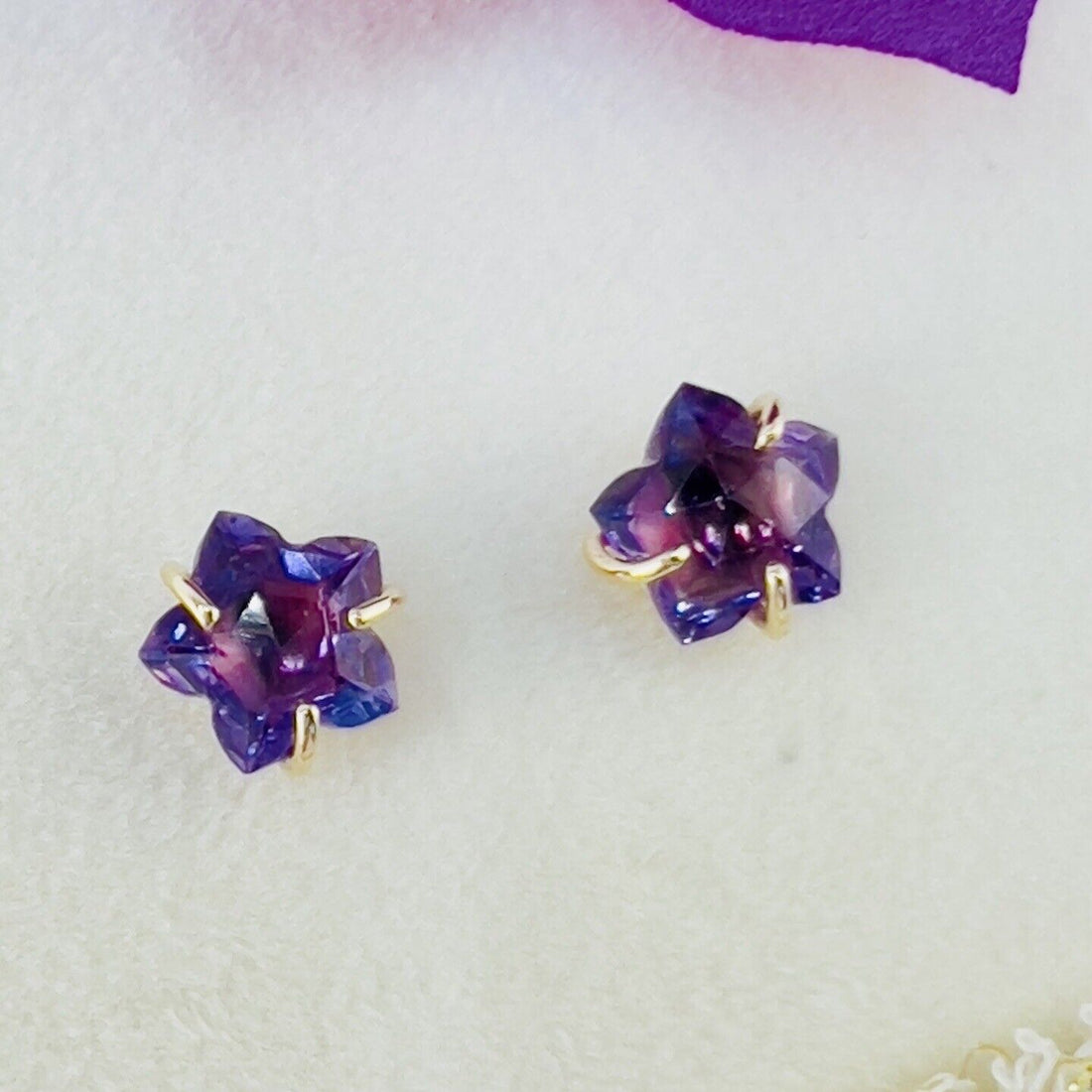 Solid 14k Yellow Gold Genuine Amethyst Star Stud Earrings, New