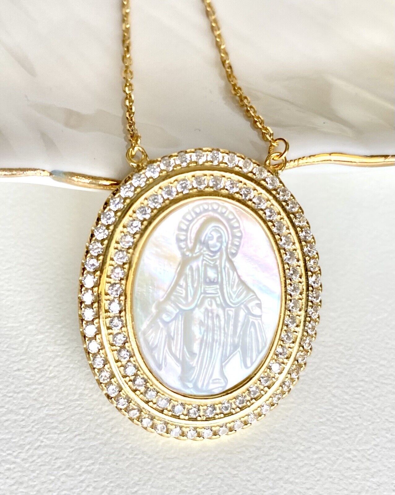 Sterling W/ Gold Overlay Miraculous Virgin Mary Pendant W/ Chain, 16-17", New