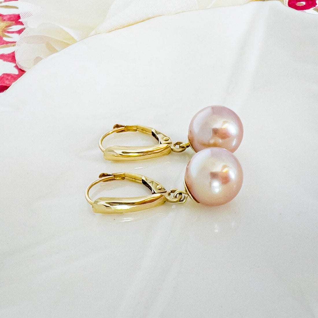 14k Yellow Gold Genuine 9mm Champagne-Rose Pearl Dangle Leverback Earrings  1"