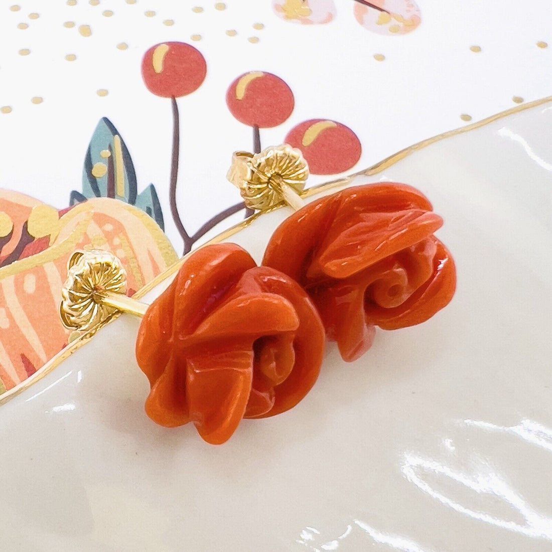 14k Yellow Gold Genuine Italian Red Coral Roses Stud Earrings, Newly Handcrafted