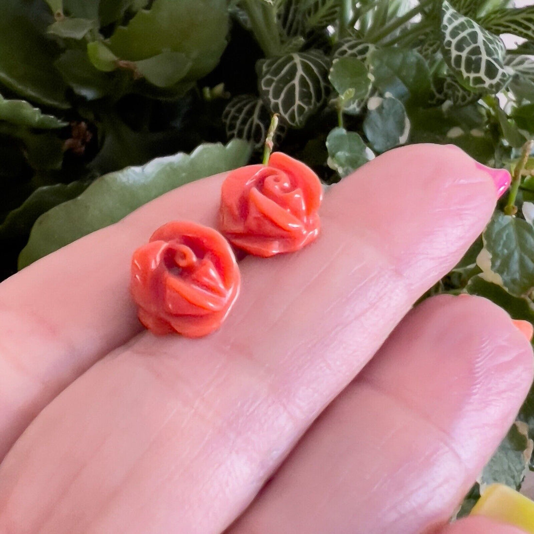 14k Yellow Gold Genuine Italian Red Coral Roses Stud Earrings, Newly Handcrafted