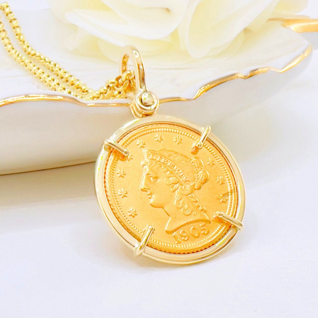 Genuine 1905 US Liberty Head 2.5 Dollar Quarter Eagle Coin With 14k Gold Pendant