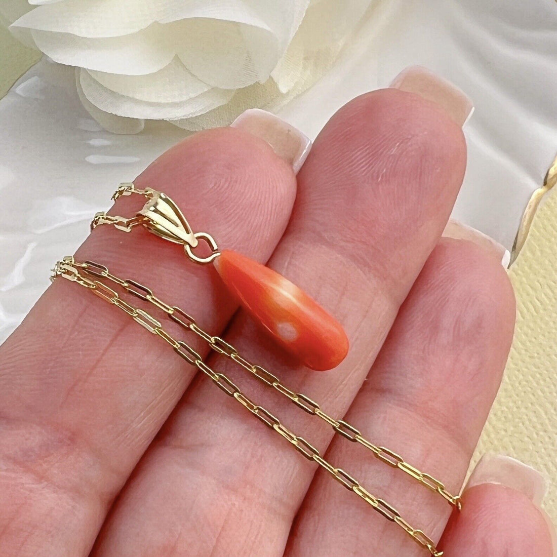 Solid 14k Yellow Gold Japanese Coral Drop Pendant, New