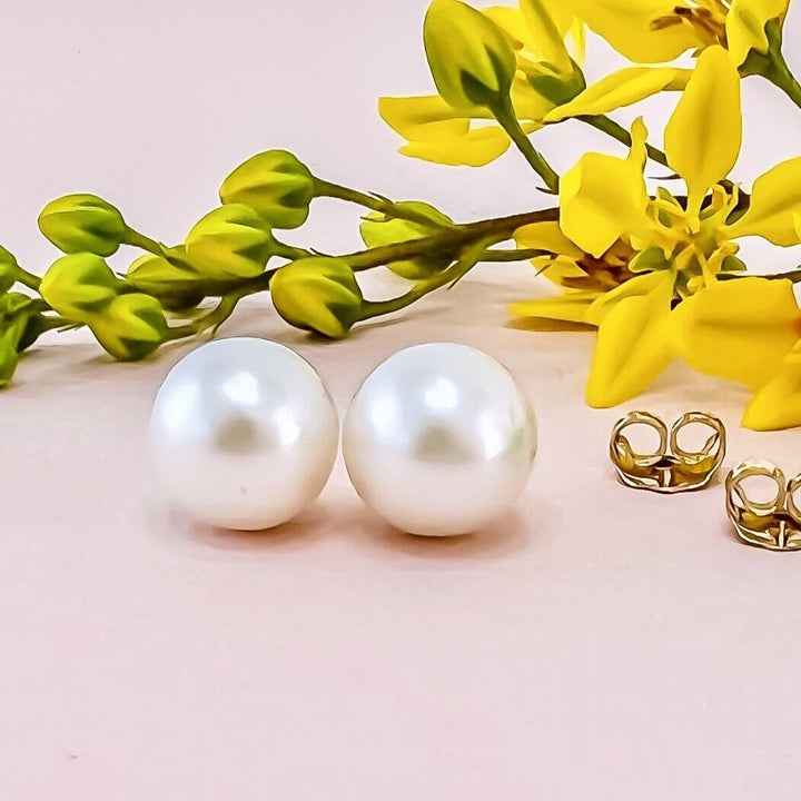 Solid 14k Yellow Gold Genuine 10.1mm Pearl Studs w/ Premium Backs, New