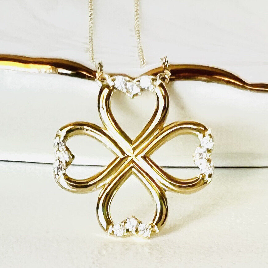 Solid 14k Yellow Gold Lucky Clover Cubic Zirconia  Pendant/Necklace New 18"