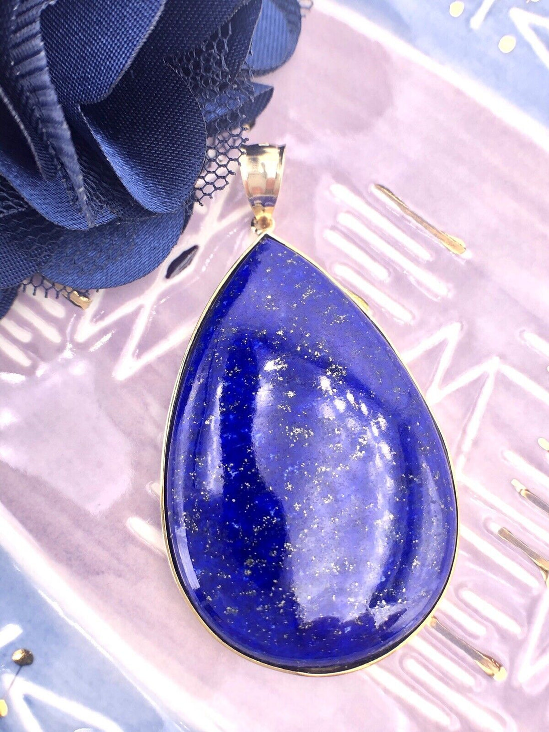 Gorgeous Solid 14K Gold & Genuine Lapis Lazuli (30ct) Large Drop Pendant, New