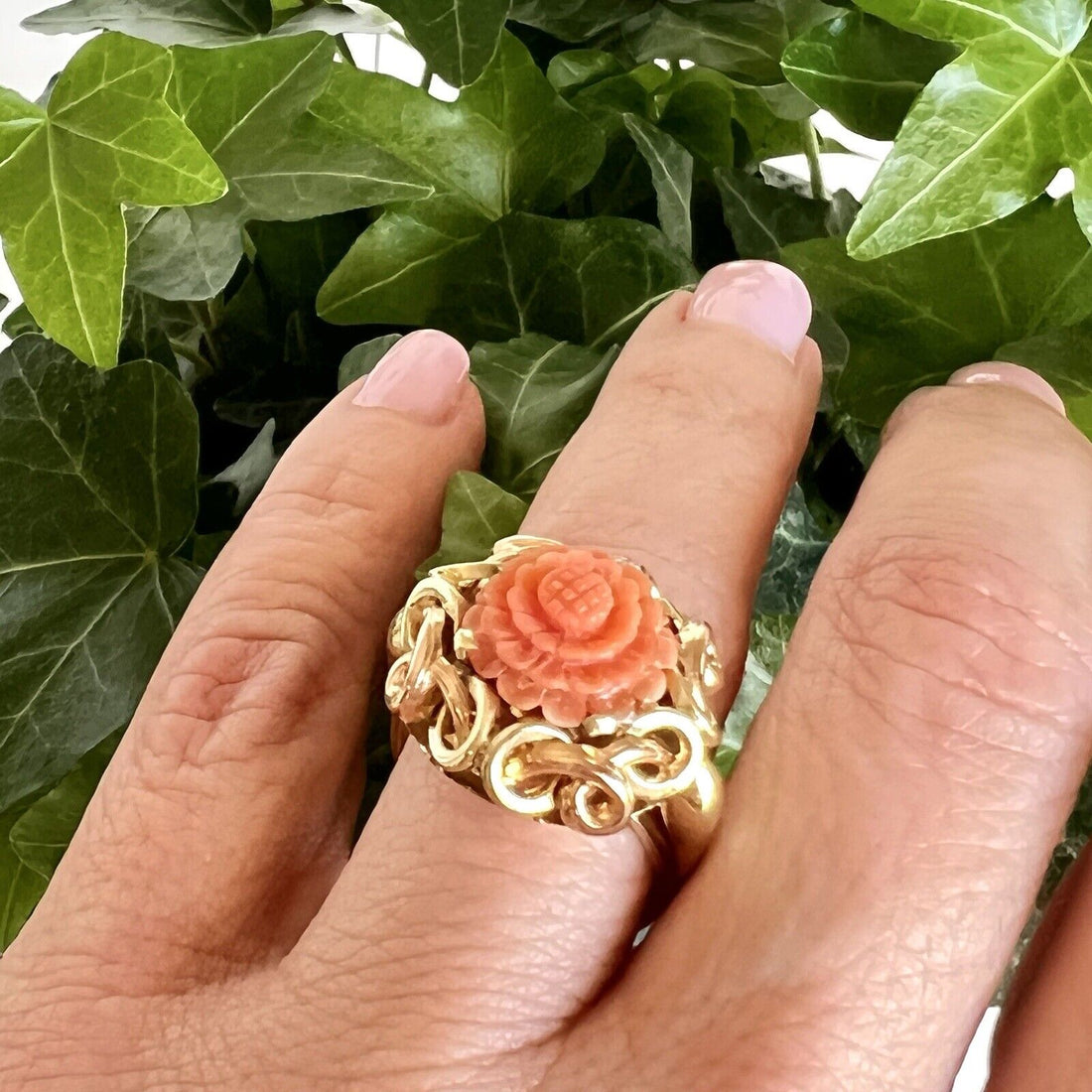 Antique Untreated Red/Orange Coral Rose Carving  Solid 14k Gold Ring, Size 8