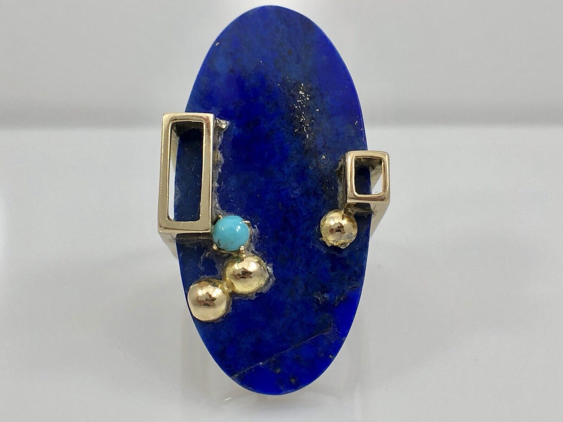 Vintage Geometric Lapis Lazuli & Turquoise 14K Solid Gold Ring, Size 6