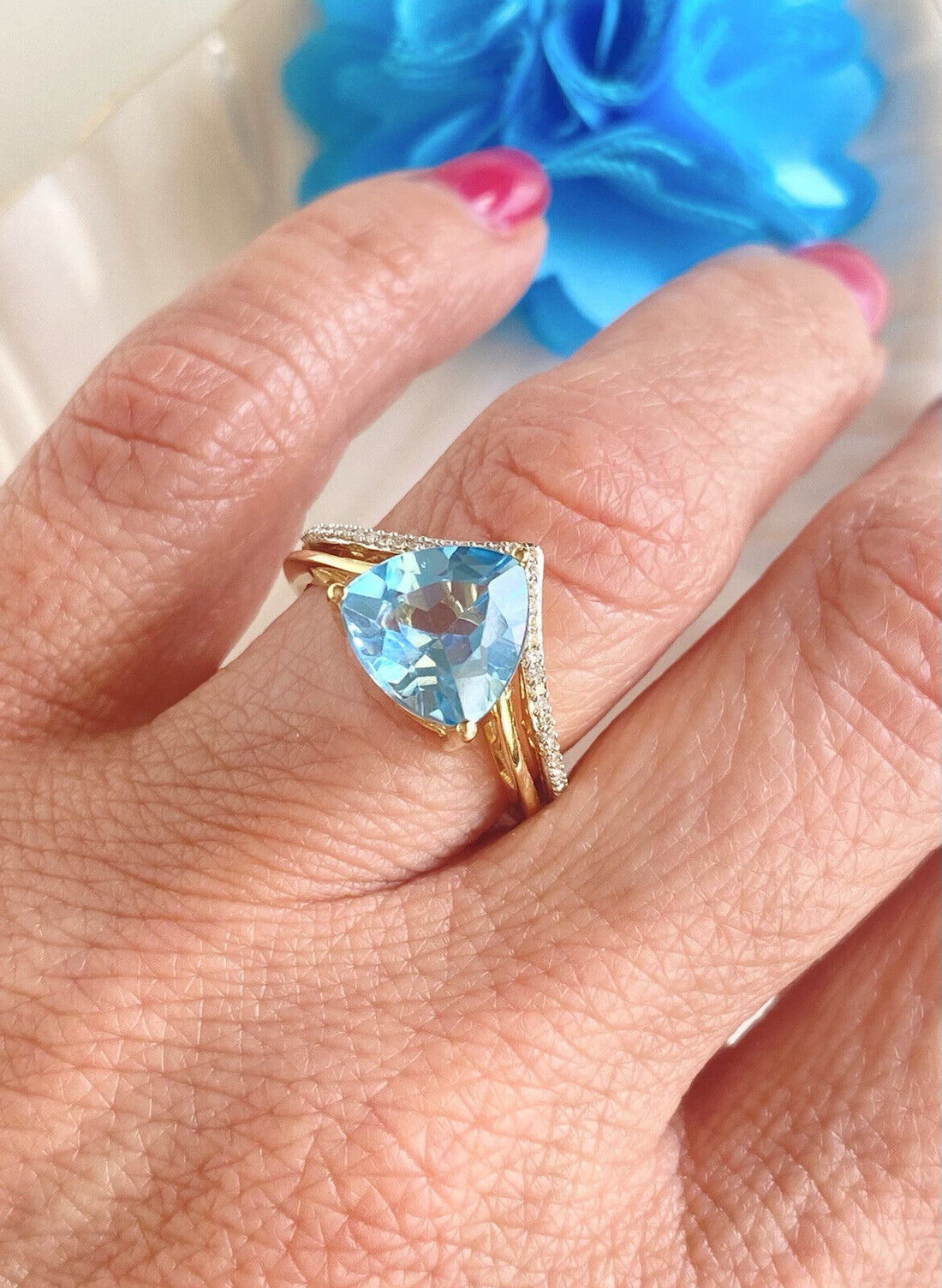 Genuine Blue Topaz Trillion & Diamond Solid 10k Yellow Gold Ring, New, Size 7