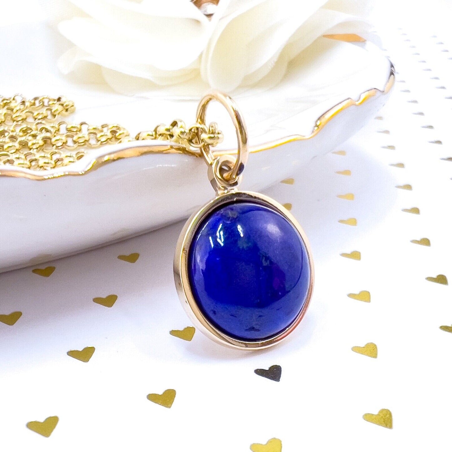 Natural Lapis Lazuli 14k Yellow Gold Round Pendant, Unisex, Handcrafted