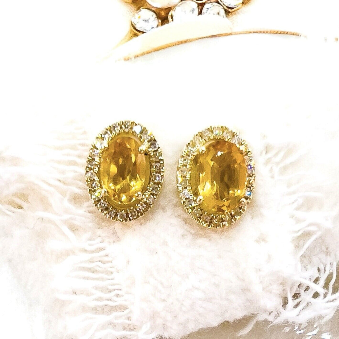 10k Yellow Gold Genuine Citrine & Diamond Halo Stud Earrings, New