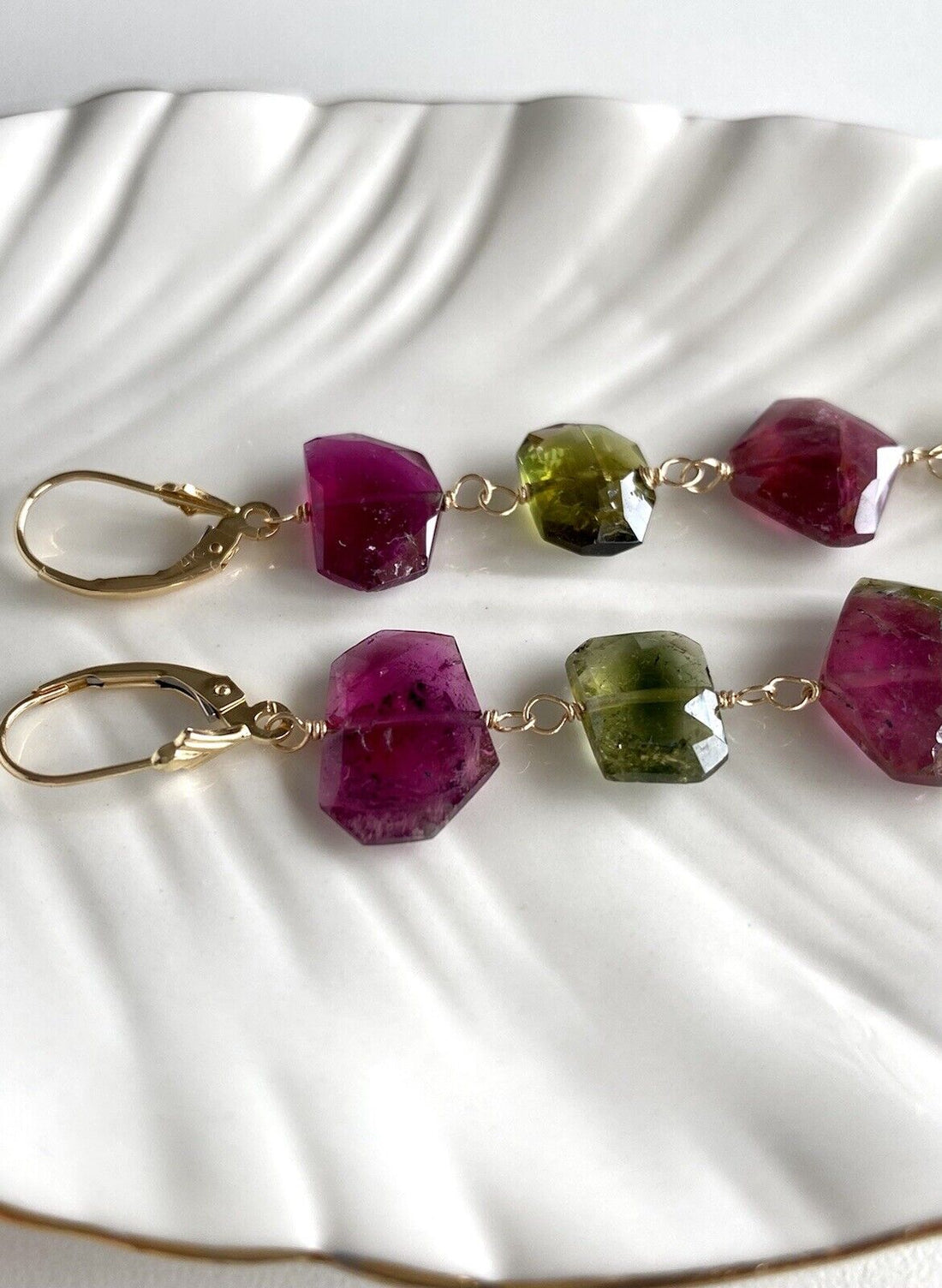 Natural Tourmaline (27.1ct) & 14k Yellow Gold "Wind Chime" Dangle Earrings, New