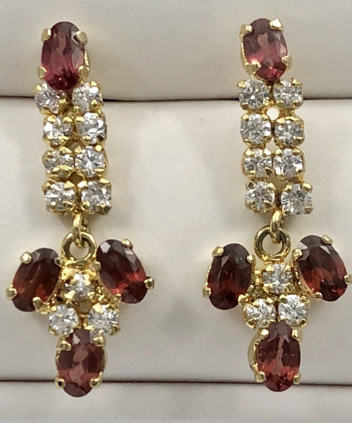 Genuine Pyrope Garnet & CZ Dangle Earrings 18kt Yellow Gold Overlay, 1" New