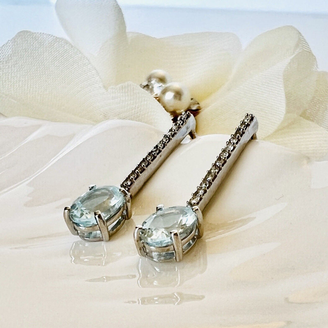 Solid 10k White Gold Genuine Aquamarine & Diamond Dangle/Drop Earrings, New