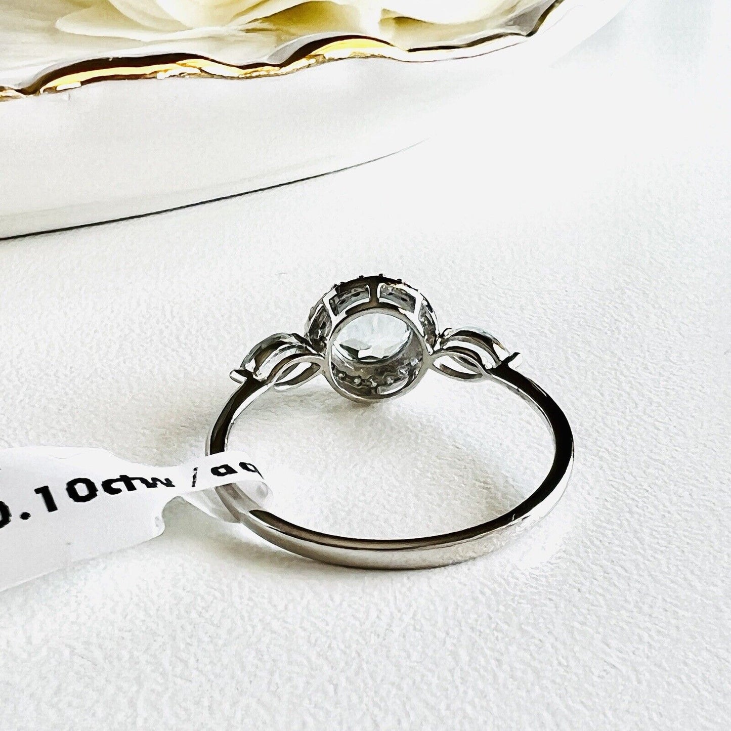 Solid 14k White Gold Genuine Aquamarine & Diamond Halo Ring, New, Size 8